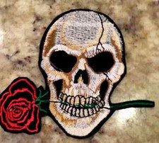Red Rose Skull Patch/ Embroidered Iron On Patches Applique Badge/ 4" x 3 1/2"