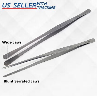 12'' Silver Stainless Steel Long Food Tongs Straight Tweezers Kitchen, Stainless