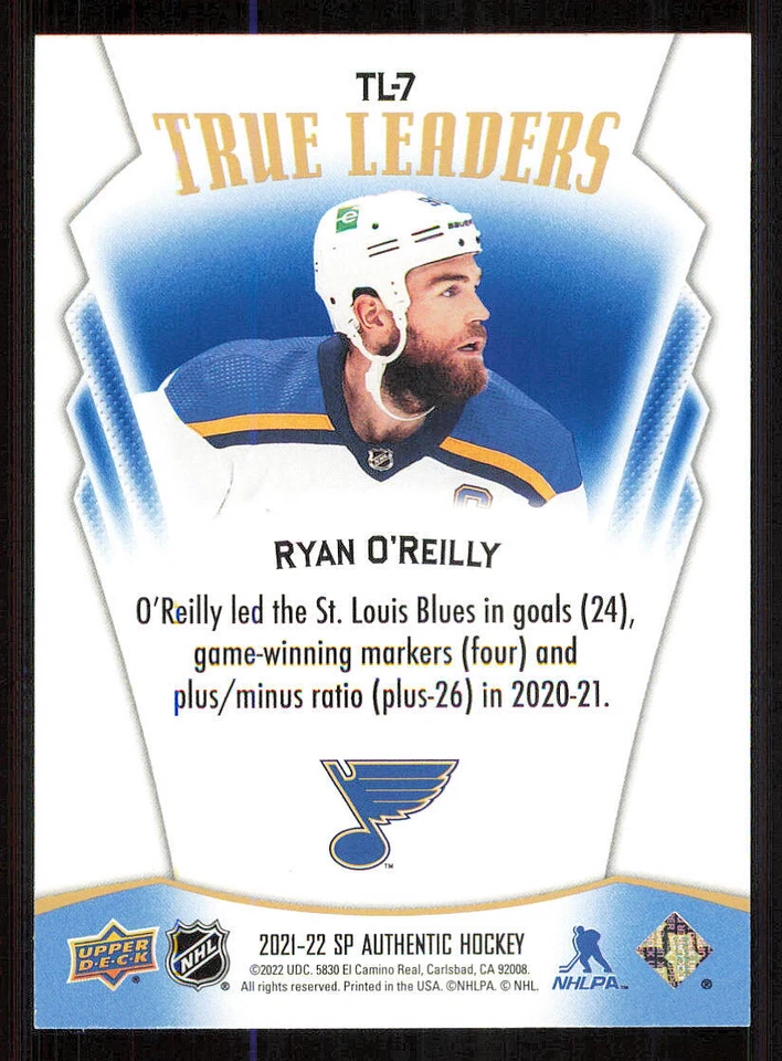 2021-22 SP Authentic True Leaders Blue #TL7 Ryan O'Reilly - Image 2 of 2