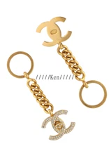 CHANEL Key ring chain holder Bag charm AUTH Coco Gold CC Turn Lock Rhinestones