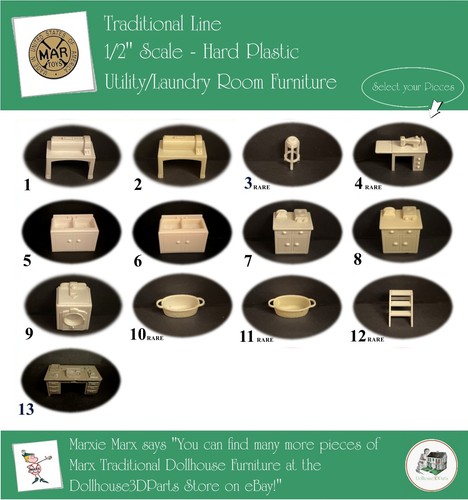 MARX Vintage Dollhouse Furniture, Traditional Line, 1/2" Scale, HARD Plastic
