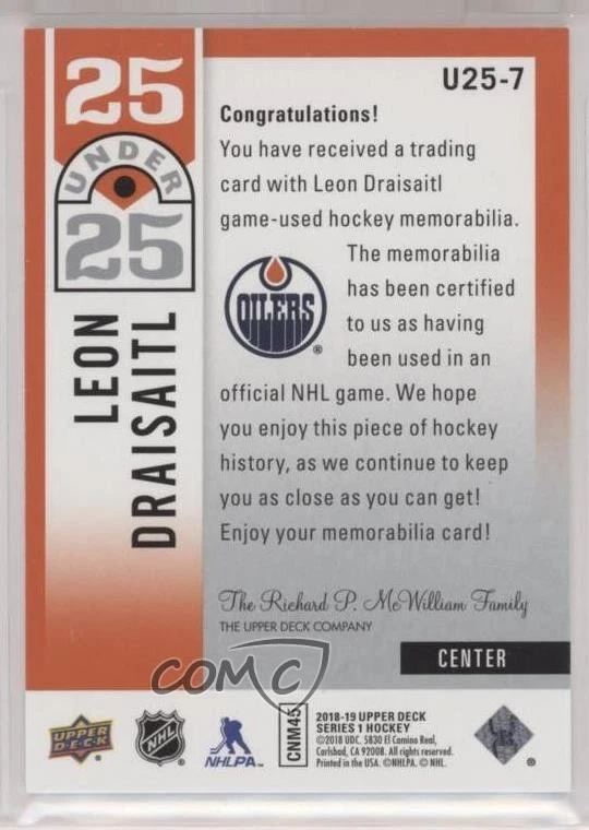 2018-19 Upper Deck 25 Under 25 Jersey /250 Leon Draisaitl #U25-7 - Image 2 of 2