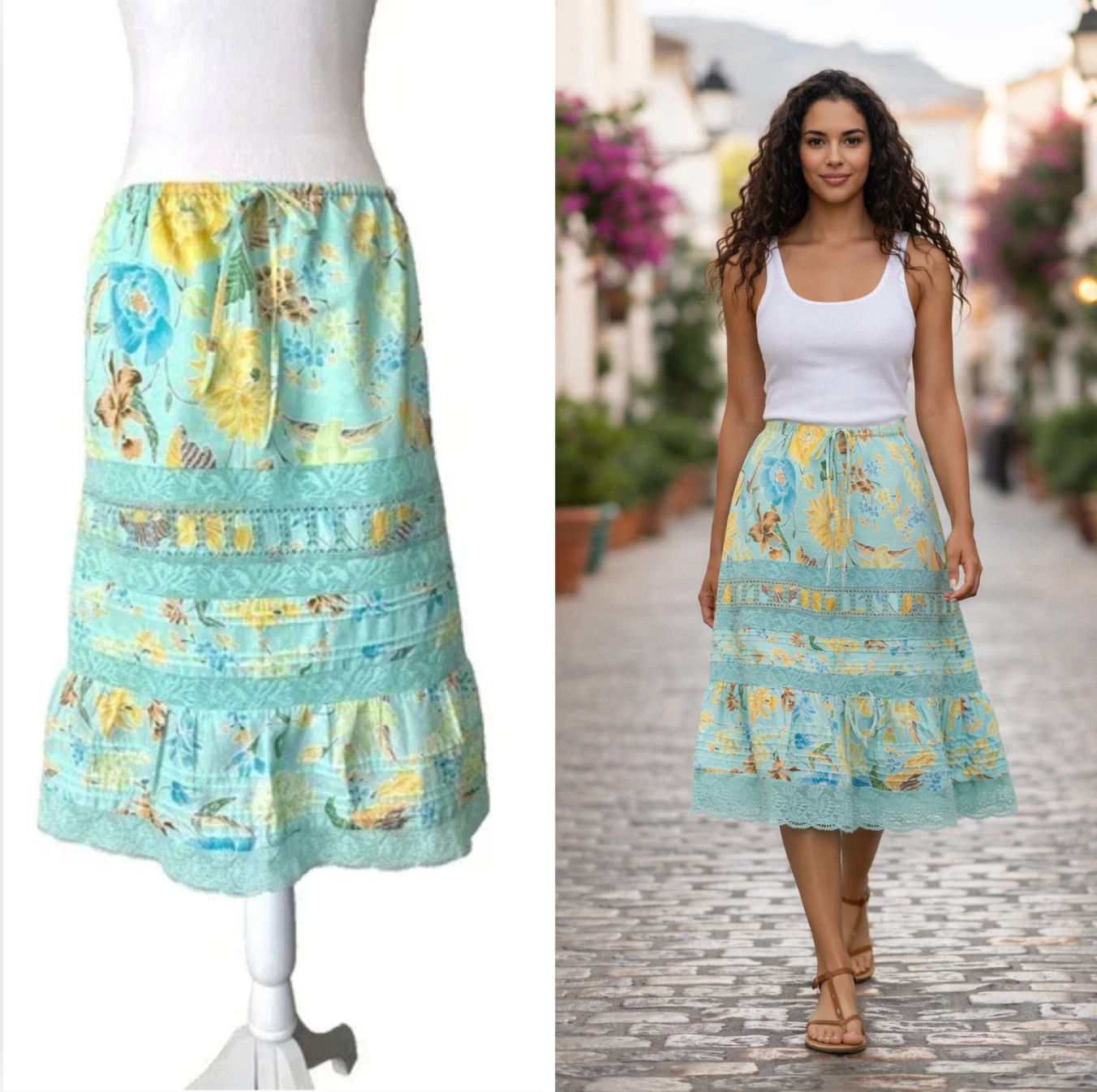 Vintage Banana Republic Linen Cotton Skirt Floral Lace Tiered Boho Cottage Sz 6
