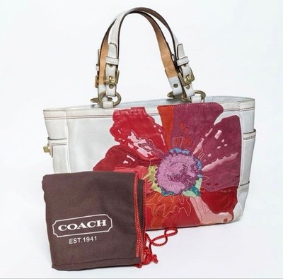 COACH Poppy Gallery Tote 9244 Blumenmuster, weiß, mit Aufbewahrungstasche Leder