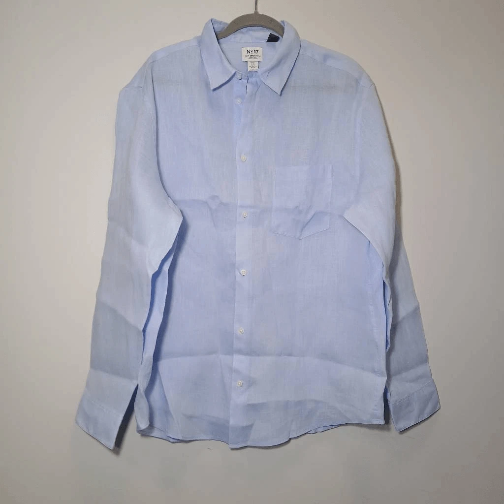 H & m no 17 mens xl BIG tall fit 100% linen shirt baby blue