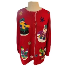 The Quacker Factory Ugly Christmas Cardigan Red Snowman Holiday Sweater 1X