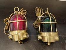 Pair of Vintage Solid Brass Ship's Lights Red Green Glass Wired/Functional