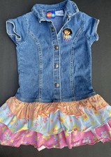 Vintage Dora The Explorer 4T Embroidered Denim Ruffle Pink Floral Dress