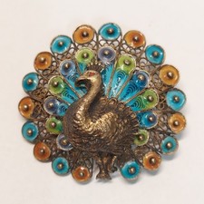 Broche filigrana esmalte pavo real Portugal 800 plata 79C fabricante de colección