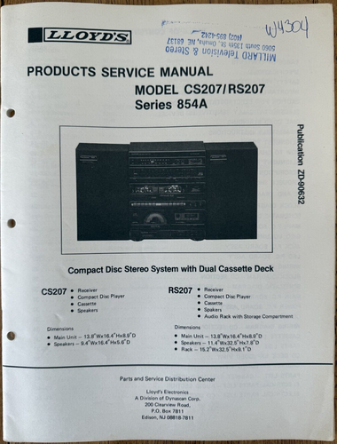 LLOYD'S CS207 RS207 SERIES 854A STEREO SYSTEM ORIGINAL SERVICE MANUAL ZD-90632