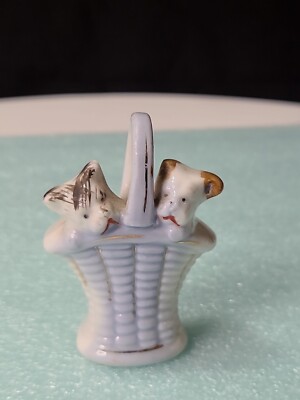 Dog Figurine Woven Basket Porcelain Hand Painted Tiny Wal Pocket Japan 2.5''