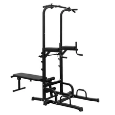 Power Tower Dip Station with Bench Pull Up Bar Stand Adjustable Height Heavy 