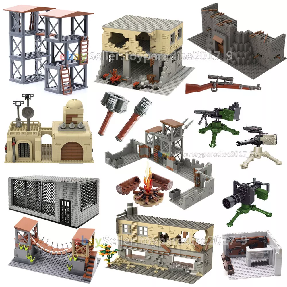 MOC WWII Military Base Fortress Battle Scene House Tower Weapon