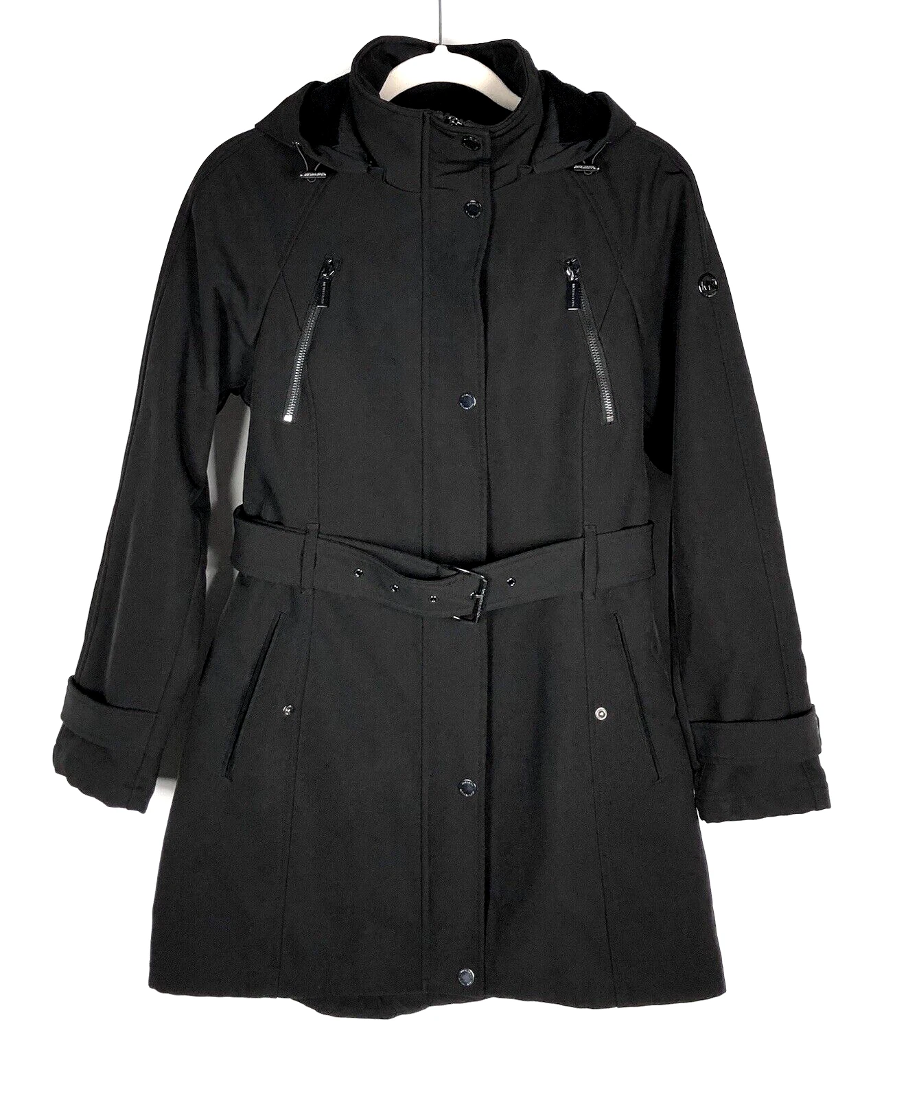 Michael Kors Trench Cappotto Pioggia M Nero Foderato in Pile con Cappuccio Zip Snap Outdoor