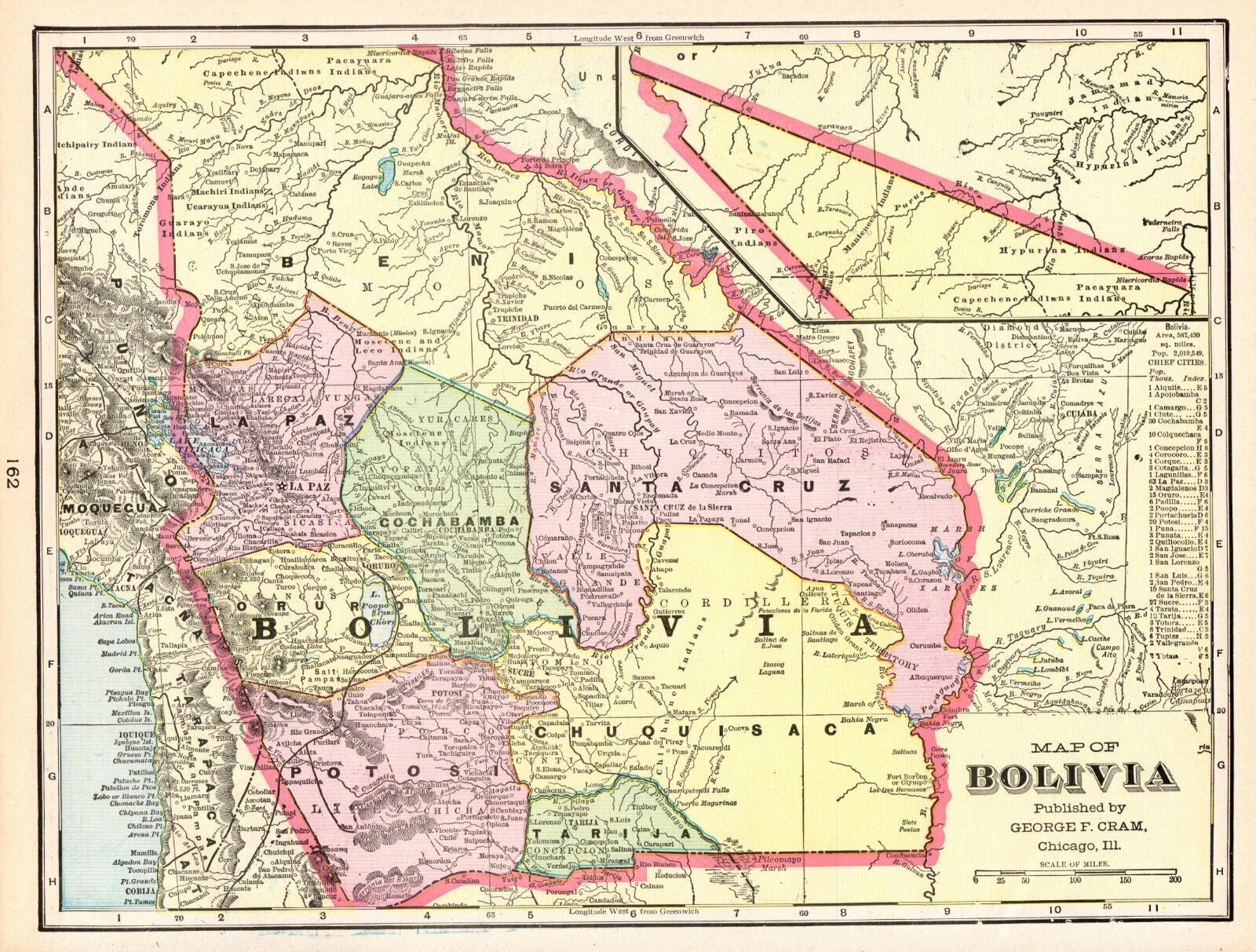 1902 Antique BOLIVIA Map George Cram Map of Bolivia South America Map  5744