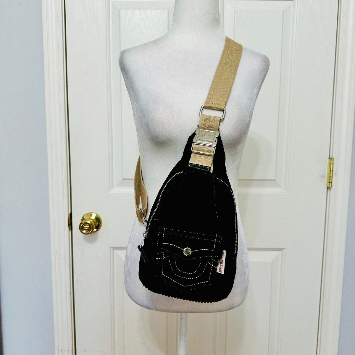 TRUE RELIGION CORDUROY SOFT SLING BACKPACK BAG BLACK WITH CONTRAST TRIM UNISEX TRUE RELIGION CORDUROY SOFT SLING BACKPACK BAG BLACK WITH  main image 3