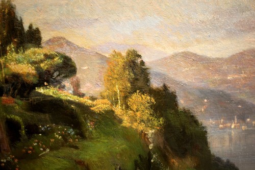 ANTICO DIPINTO OLIO TAVOLA F. Galante PAESAGGIO LAGO MAGGIORE 1944 - Foto 4 di 12