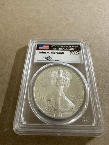 1992-S PROOF AMERICAN SILVER EAGLE PCGS PR70 DCAM MERCANTI SIGNED FLAG LABEL