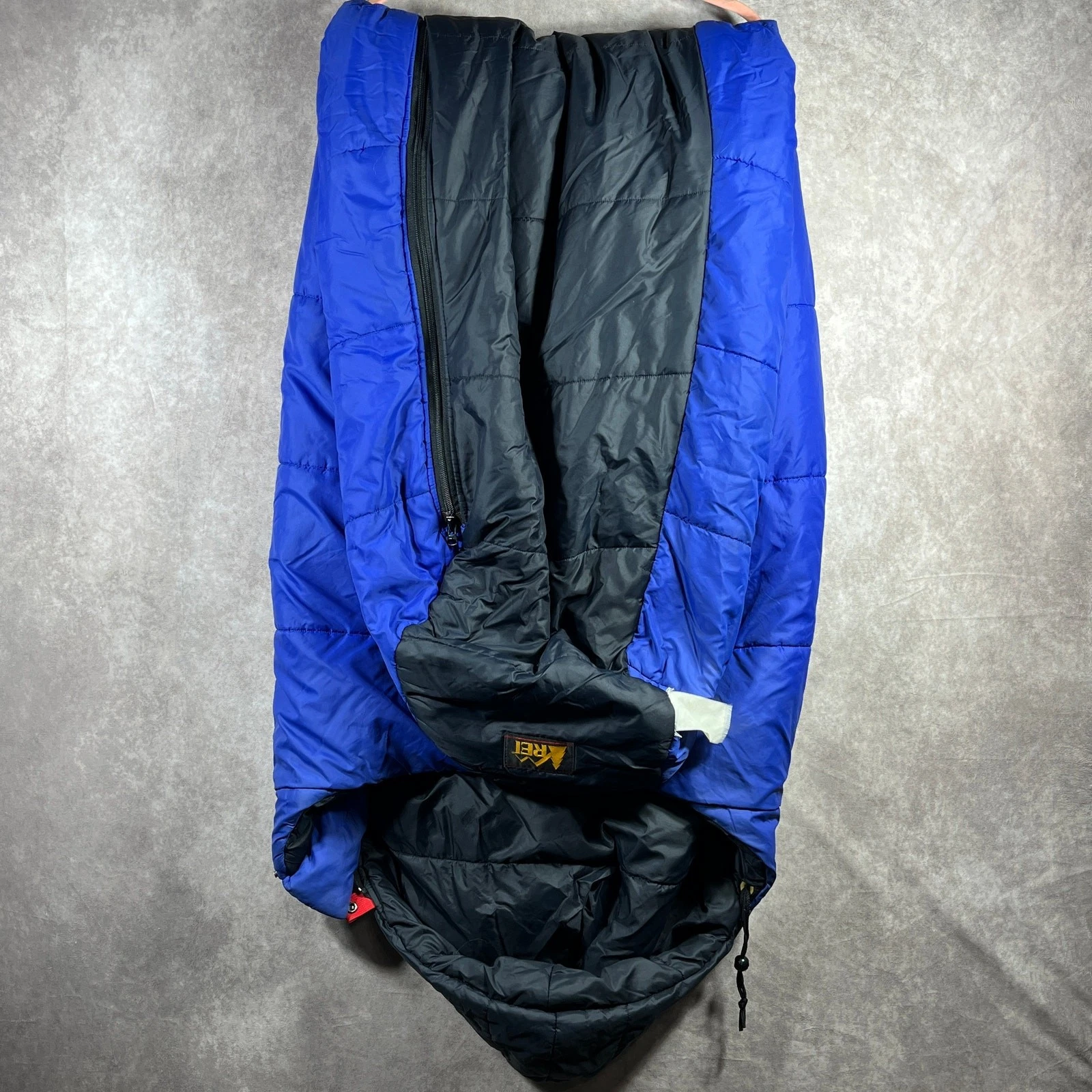 Vintage REI Sleeping Bag Black Blue Quilted Zip Camping Hiking Outdoor Hooded