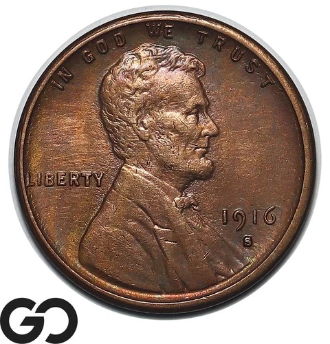 1916-S Lincoln Cent Wheat Penny, Choice AU++ Tougher Date