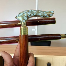 Vintage Floral Brass Handle Walking Cane   Handmade Designer Wooden Stick Gift