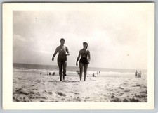 Vtg B W Snapshot Two Women in Swimsuits Walking On Beach Ocean Waves 1940s