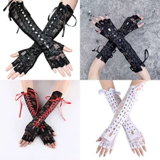 Women's Sexy Elbow Length Fingerless Lace Up Arm Warmer Ribbon Ties Up Gloves Us
