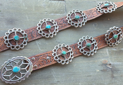 Navajo Mid Century Sterling Silver Turquoise Sandcast Concho Belt