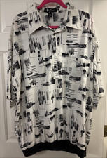 VTG Alan Stuart Banded Polo Shirt Mens 2XL Black Feather Abstract Short Sleeve