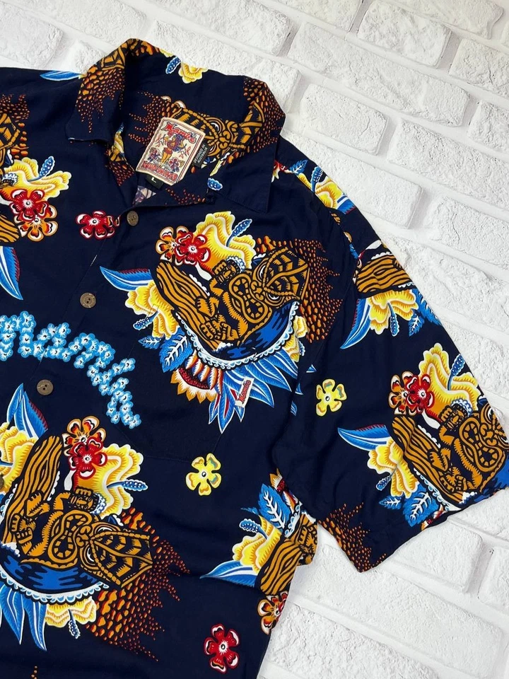 Camisa havaiana vintage anos 90 Mambo alta azul marinho floral surf masculina tamanho G - Imagem 3 de 4