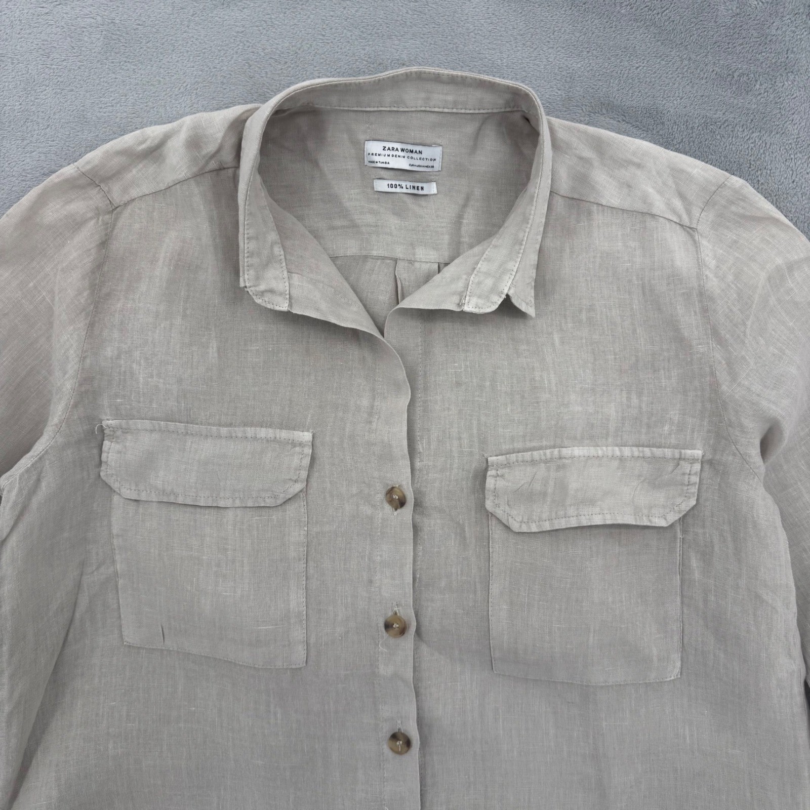 Zara Woman 100% Linen Beige Button Down Shirt Long Sleeve Pocket Top Size M thumbnail 3