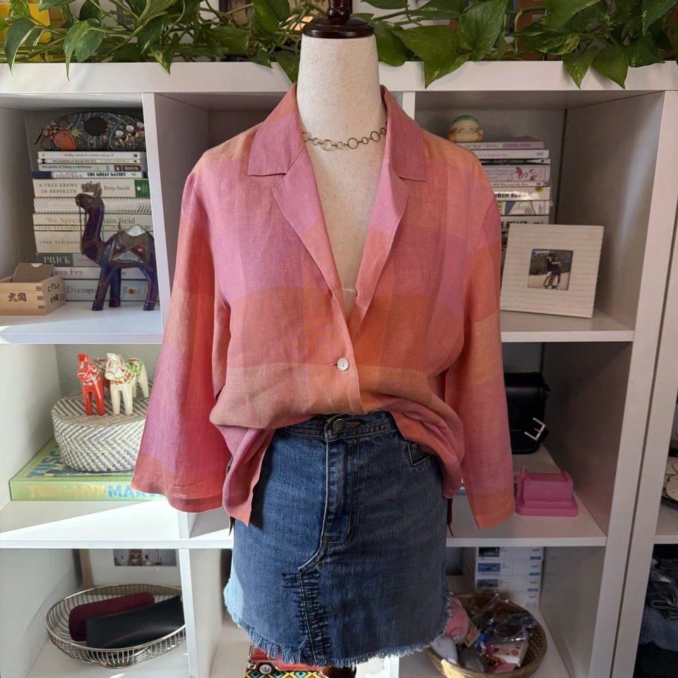 Talbots 100% Linen Pink Plaid Button 3/4 Sleeve Beach Boho Blouse Top Sz 10 - Image 2 of 4