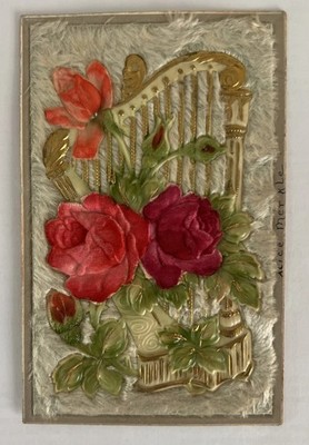 Antique German Velvet Applique Postcard Gold Lyre Roses c.1905 1914