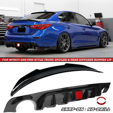 For 18-24 Infiniti Q50 PSM Style Gloss Black Rear Bumper Diffuser & Rear Spoiler