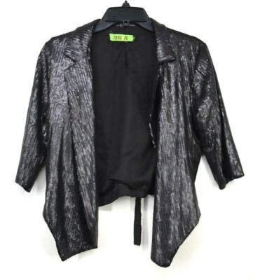 Women Black Short Sleeve Notch Lapel Open Front Casual Sequin