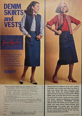 1980 Vintage Print Ad WD Signature Fashions Jean Skirt Jean Vest 80s  Fashion
