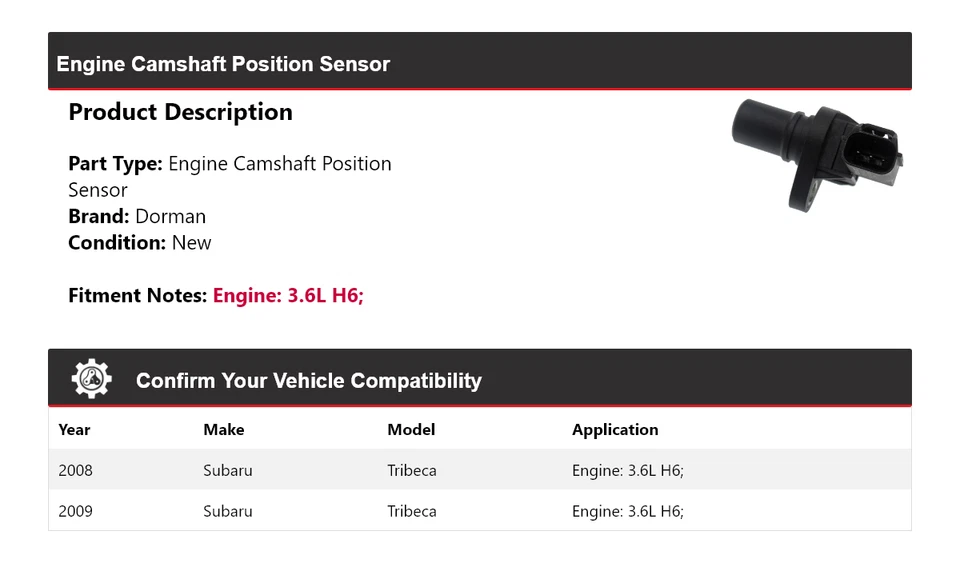 Sensor de posición del árbol de levas del motor Dorman de 3,6 L H6 para Subaru Tribeca 2008-2009 Foto 2 de 4