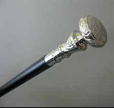 Antique Victorian Silver Brass Vintage Designer Handle Walking Wooden Stick Cane