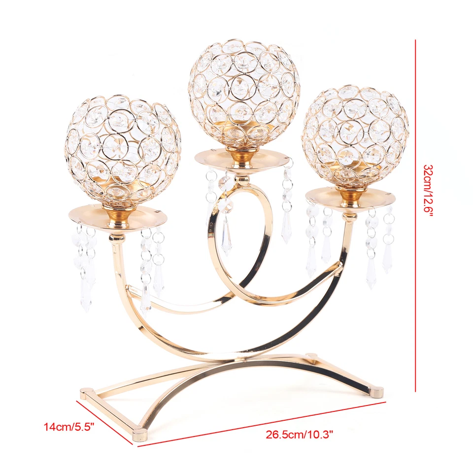 3 Arms Crystal Candle Holders for Table Centerpiece, Weddings,Dining Room Golden - Image 2 of 4