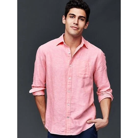 Gap Men Linen Cotton Yarn Dye solid pink Standard fit Long Sleeve shirt XL NWOT