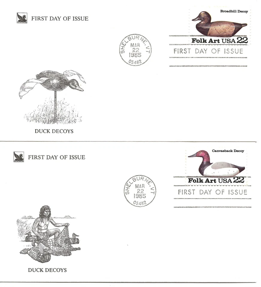 US Scott #2138-41, First Day Covers 3/22/85 Shelburne Single Duck Decoys - Image 2 of 2