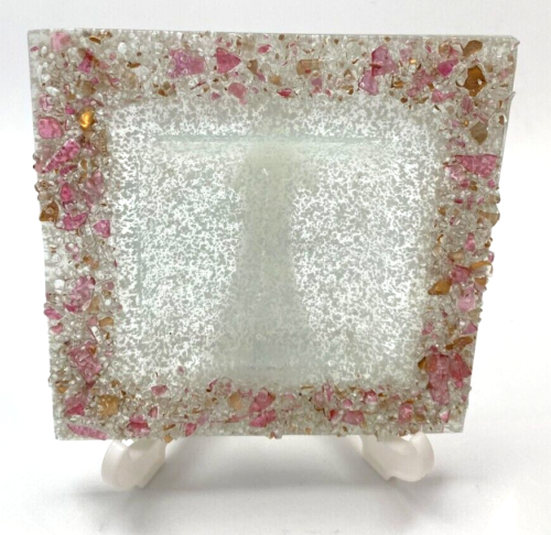 Fused Glass Trinket Dish Embedded Pink Gold Clear Stones 5.25 x 5.25" - Picture 1 of 5