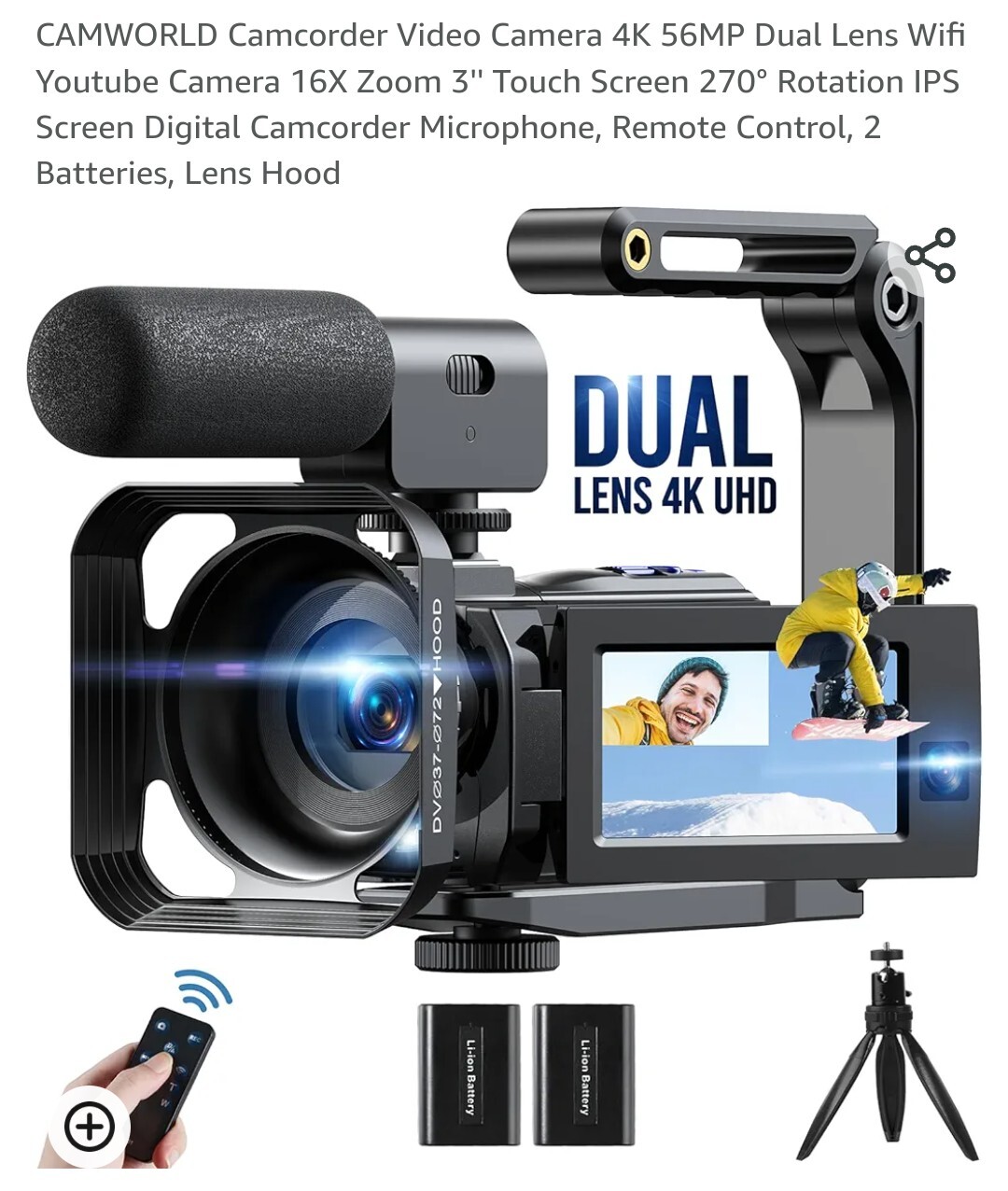 CAMWORLD Camcorder Video Camera 4K 56MP Dual Lens Wifi Youtube Camera 16X...-image