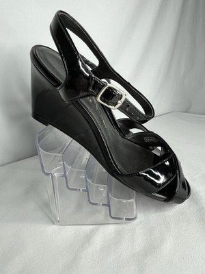 PREDICTIONS Black Strappy Wedge Heels Patent Shiny Formal Women s Size 7.5