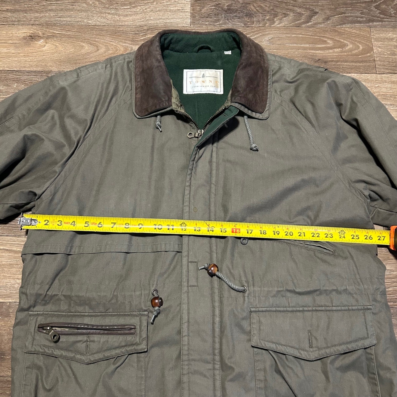 TOWNE FROM LONDON FOG Mens Khaki Utility Jacket Lined Leather Collar