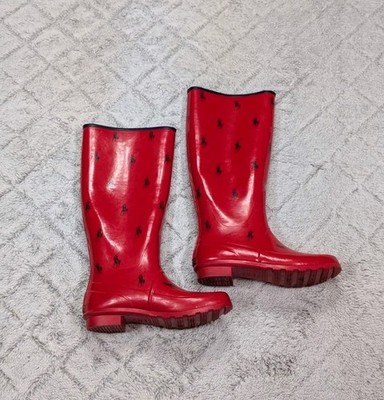 Polo Ralph Lauren Boots Womens 9BRed Navy Perla RL Logo Rubber Rain Wellies