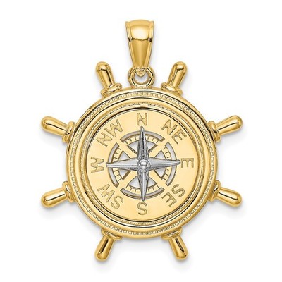 14k Bicolor Gold Schiffsrad mit Maritim Kompass Charm Anhänger L-1,2 Zoll