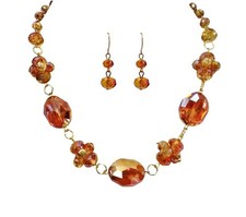 Orange Glass Bead Necklace Earring Set Gold Tone Statement Evening Jewelry New