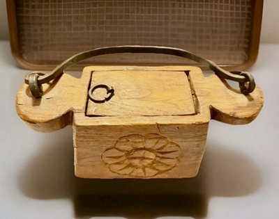 Antique Hand Carvd Flower DBL Side Folk Art Wooden Box W/Iron Handle Early 1900s
