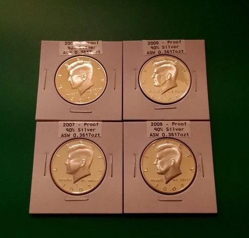 Lot 4-Gem Proof Kennedy 90% Silver Half Dollars 05, 06, 07, 08-ASW 1.44 troy(S2)